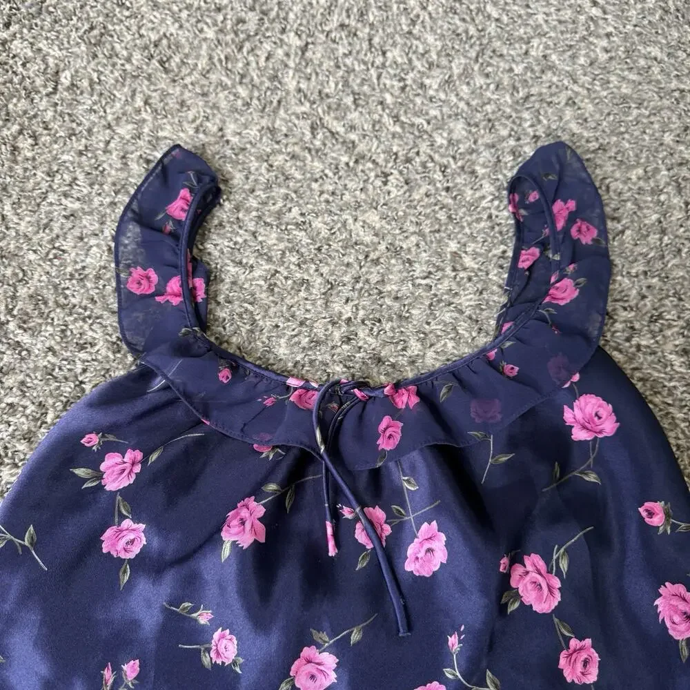 VTG Cinema Etoile Blue Pink Floral Satin Babydoll Lingerie Slip Dress Y2K 90s M
